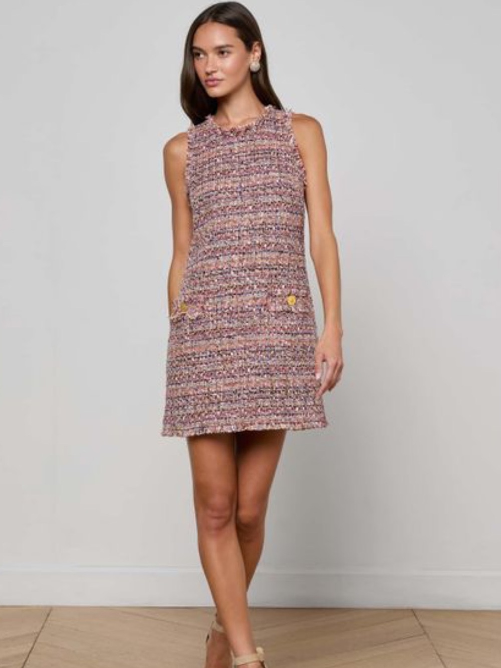 L' AGENCE
FLORIAN TWEED SHIFT DRESS
MAUVE / TAN MULTI TWEED 
S